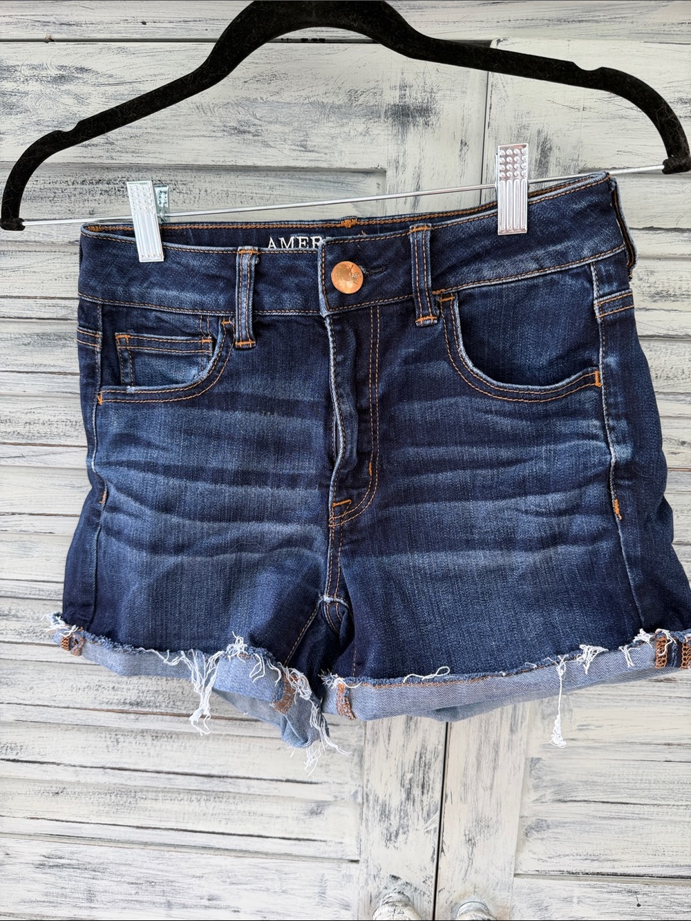American Eagle Outfitters Hi-Rise Shorties Dark Blue Frayed Hem Denim Shorts, 4